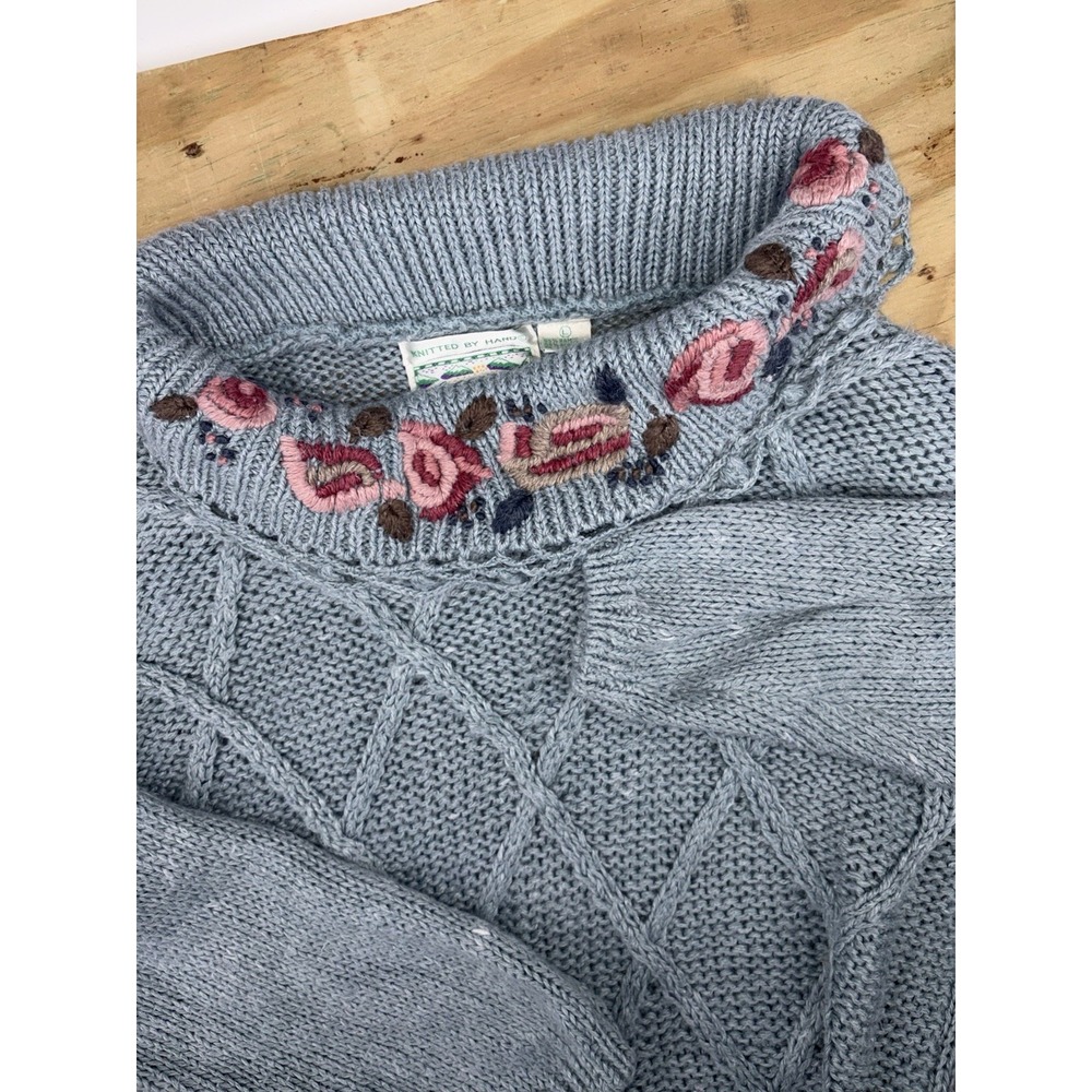 VTG Emerald Isle Hand Knitted Floral Embroidered Sweater Cowl Neck Chunky Large